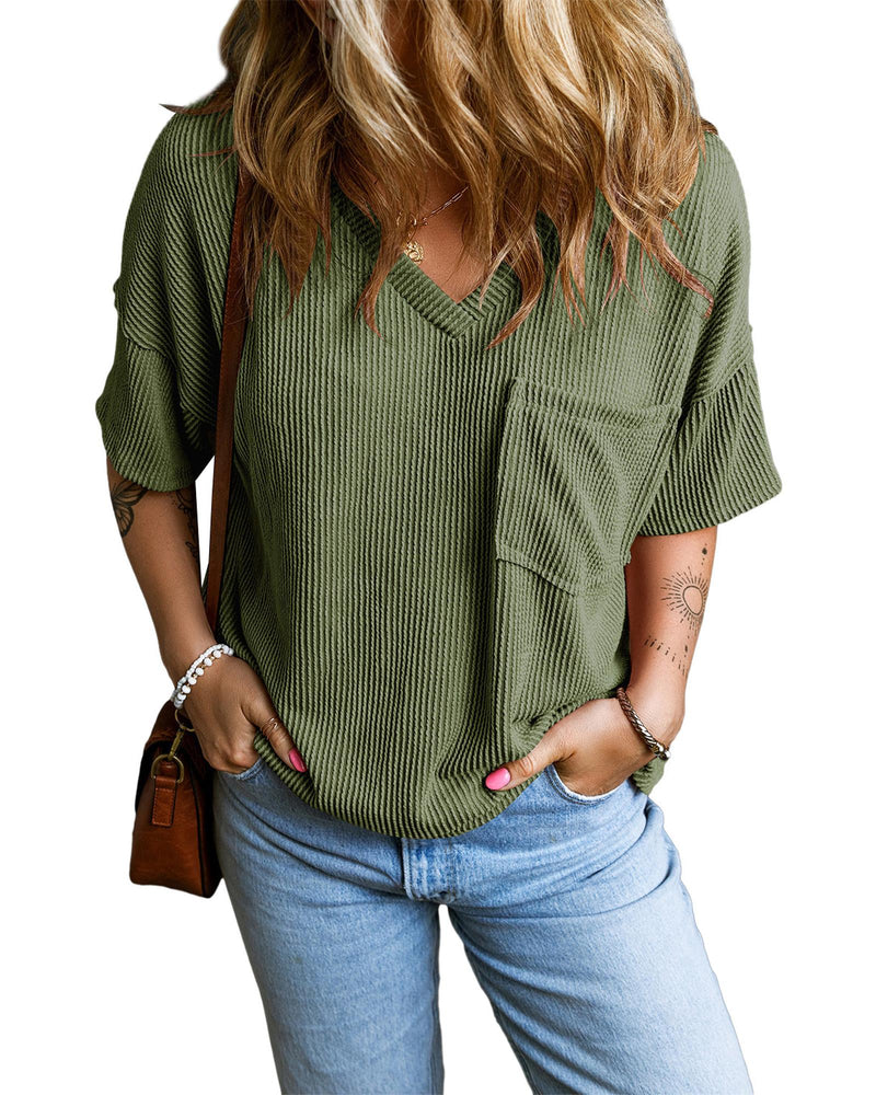 Azura Exchange Jungle Green Corded V Neck Chest Pocket Loose T-shirt - XL