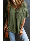 Azura Exchange Jungle Green Corded V Neck Chest Pocket Loose T-shirt - XL