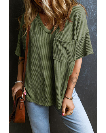Azura Exchange Jungle Green Corded V Neck Chest Pocket Loose T-shirt - XL