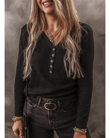 Black Buttoned V Neck Long Sleeve Ribbed Top - L