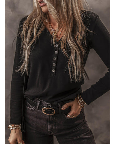 Black Buttoned V Neck Long Sleeve Ribbed Top - L