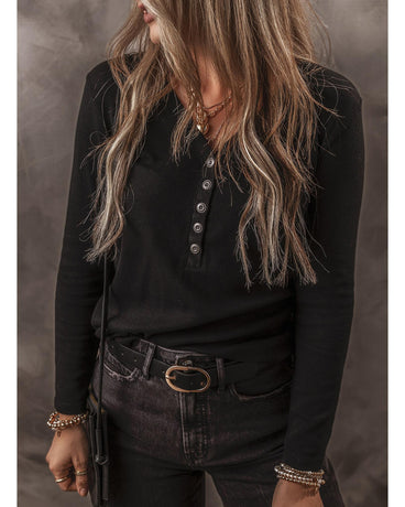 Black Buttoned V Neck Long Sleeve Ribbed Top - M