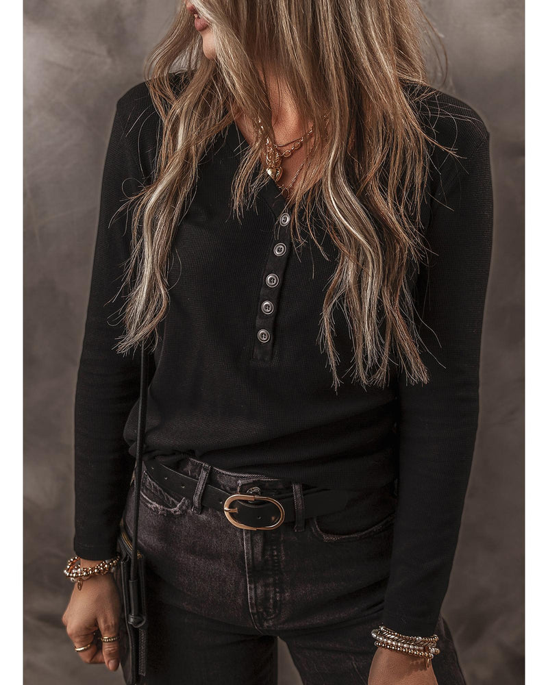 Black Buttoned V Neck Long Sleeve Ribbed Top - M