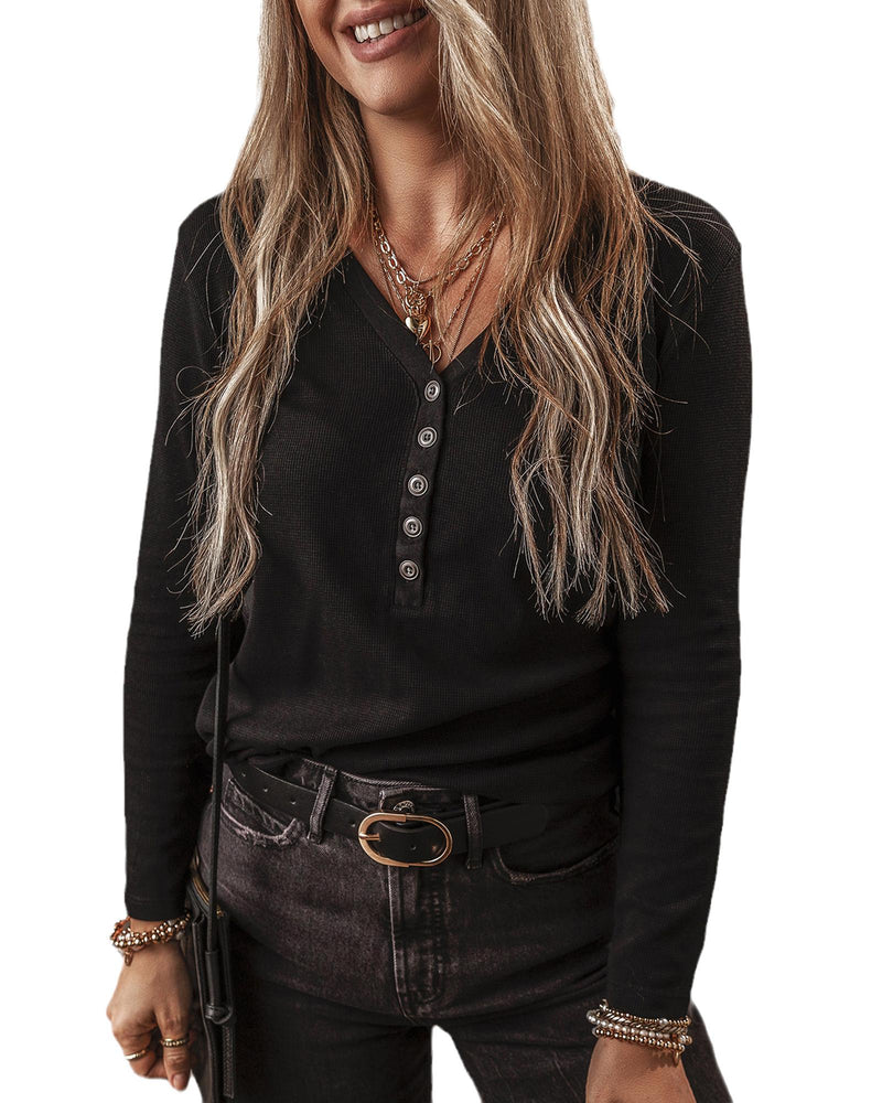 Black Buttoned V Neck Long Sleeve Ribbed Top - M