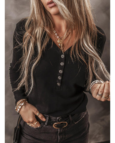 Black Buttoned V Neck Long Sleeve Ribbed Top - S