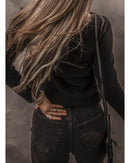 Black Buttoned V Neck Long Sleeve Ribbed Top - S