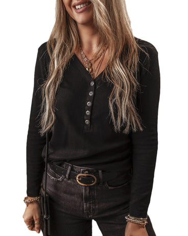 Black Buttoned V Neck Long Sleeve Ribbed Top - XL