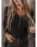 Black Buttoned V Neck Long Sleeve Ribbed Top - XL