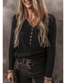 Black Buttoned V Neck Long Sleeve Ribbed Top - XL