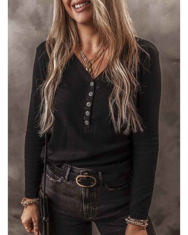 Black Buttoned V Neck Long Sleeve Ribbed Top - XL