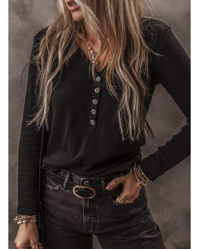 Black Buttoned V Neck Long Sleeve Ribbed Top - XL