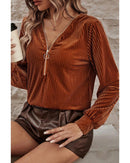 Chestnut Half Zip V Neck Ribbed Velvet Top - S