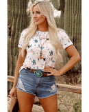 Beige Western Cactus Print Crew Neck Short Sleeve Top - L