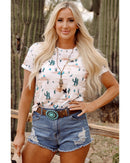 Beige Western Cactus Print Crew Neck Short Sleeve Top - L