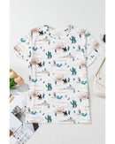 Beige Western Cactus Print Crew Neck Short Sleeve Top - L
