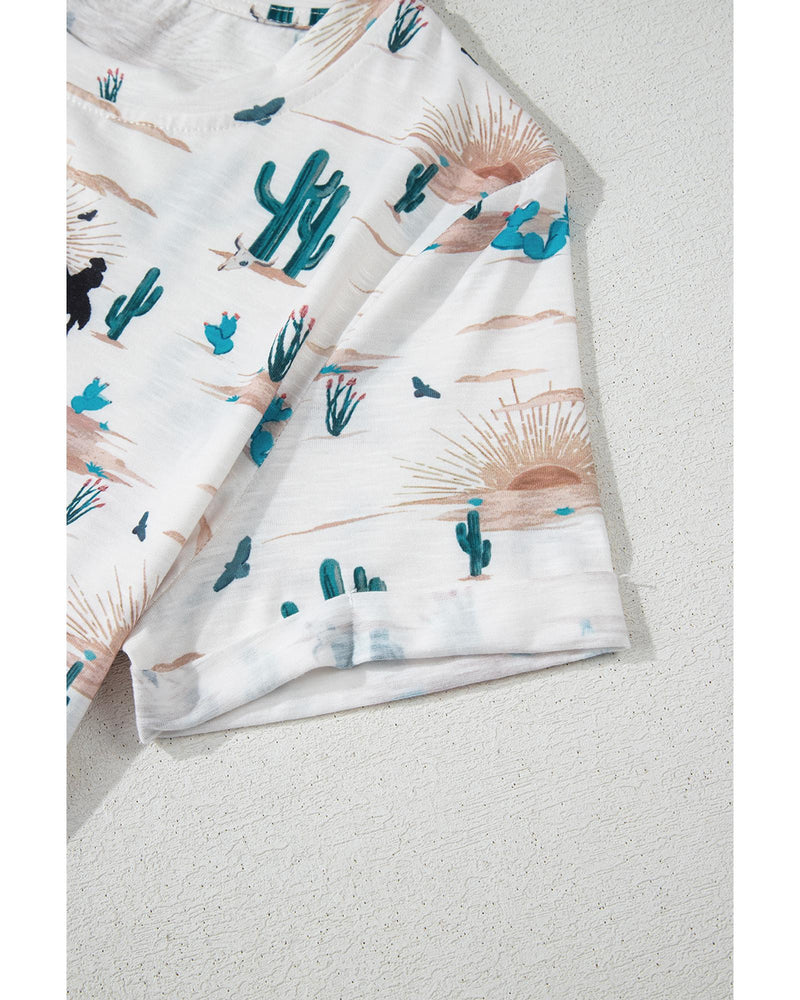 Beige Western Cactus Print Crew Neck Short Sleeve Top - L
