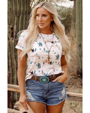 Beige Western Cactus Print Crew Neck Short Sleeve Top - M