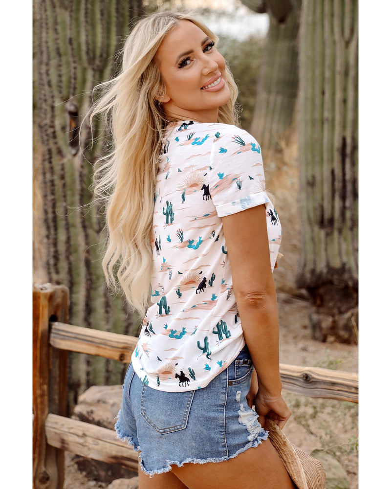 Beige Western Cactus Print Crew Neck Short Sleeve Top - M