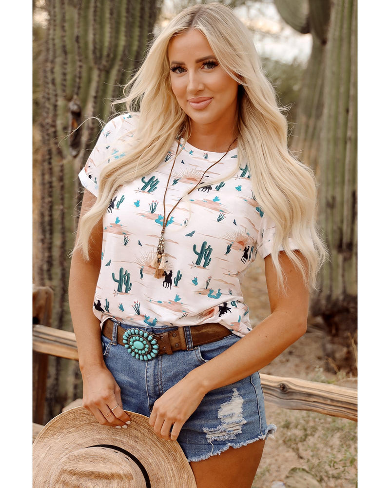 Beige Western Cactus Print Crew Neck Short Sleeve Top - M