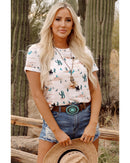 Beige Western Cactus Print Crew Neck Short Sleeve Top - M