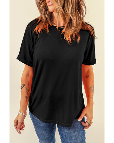 Black Casual Plain Crew Neck Tee - L