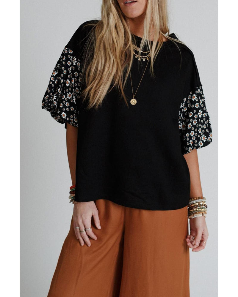 Black Contrast Floral Puff Sleeve Oversized Top - M