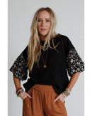 Black Contrast Floral Puff Sleeve Oversized Top - M