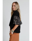 Black Contrast Floral Puff Sleeve Oversized Top - M