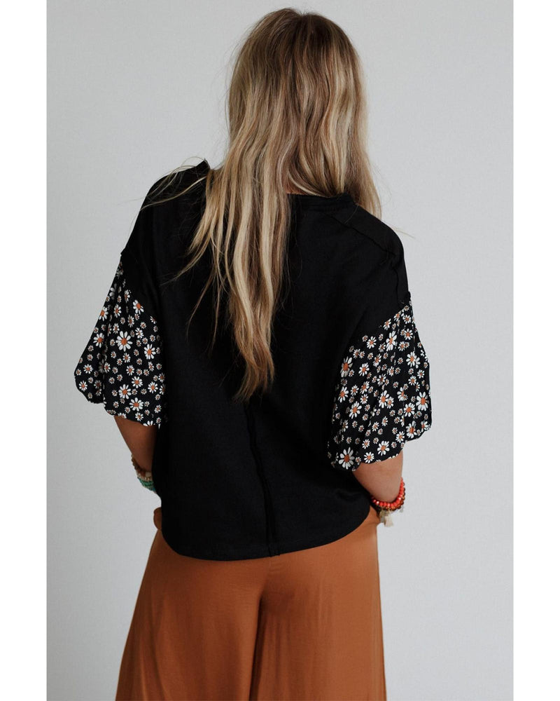 Black Contrast Floral Puff Sleeve Oversized Top - S