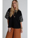 Black Contrast Floral Puff Sleeve Oversized Top - S