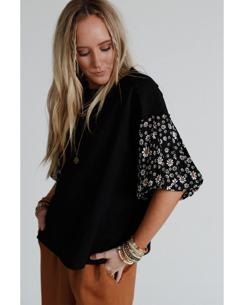 Black Contrast Floral Puff Sleeve Oversized Top - S