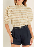 Beige Textured Mock Neck Short Sleeve Blouse - M