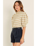 Beige Textured Mock Neck Short Sleeve Blouse - M