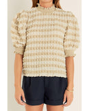 Beige Textured Mock Neck Short Sleeve Blouse - M