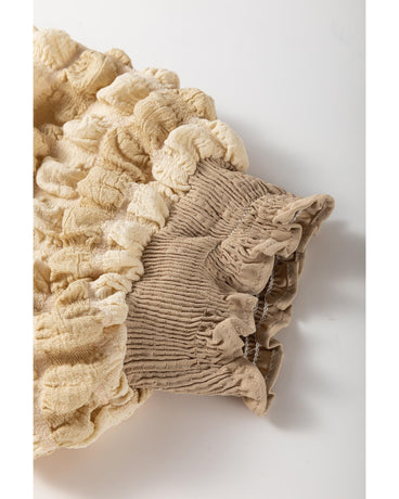 Beige Textured Mock Neck Short Sleeve Blouse - M