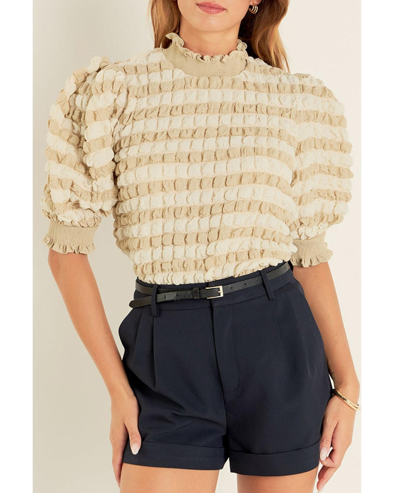 Beige Textured Mock Neck Short Sleeve Blouse - S