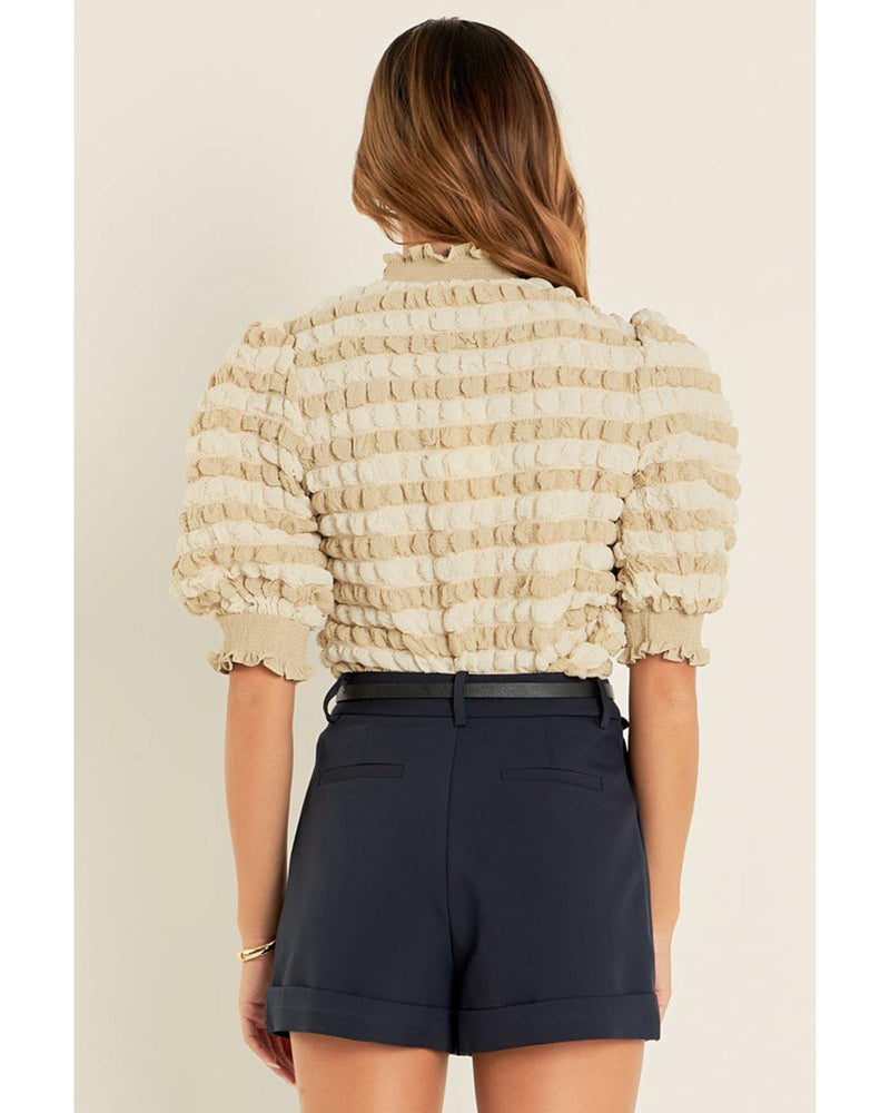 Beige Textured Mock Neck Short Sleeve Blouse - S