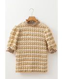 Beige Textured Mock Neck Short Sleeve Blouse - S