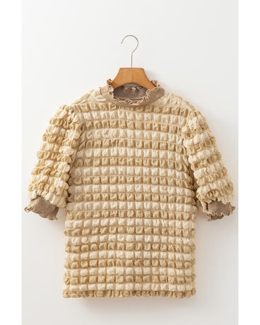 Beige Textured Mock Neck Short Sleeve Blouse - S