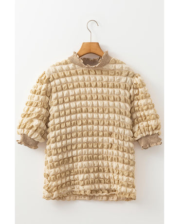 Beige Textured Mock Neck Short Sleeve Blouse - S