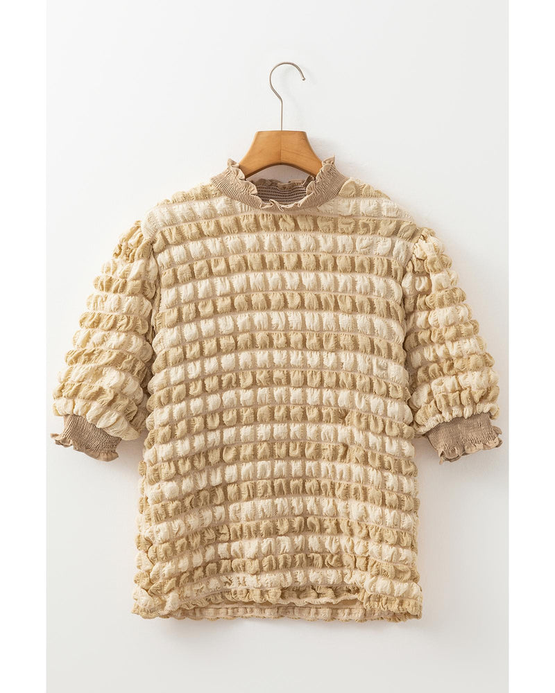 Beige Textured Mock Neck Short Sleeve Blouse - S