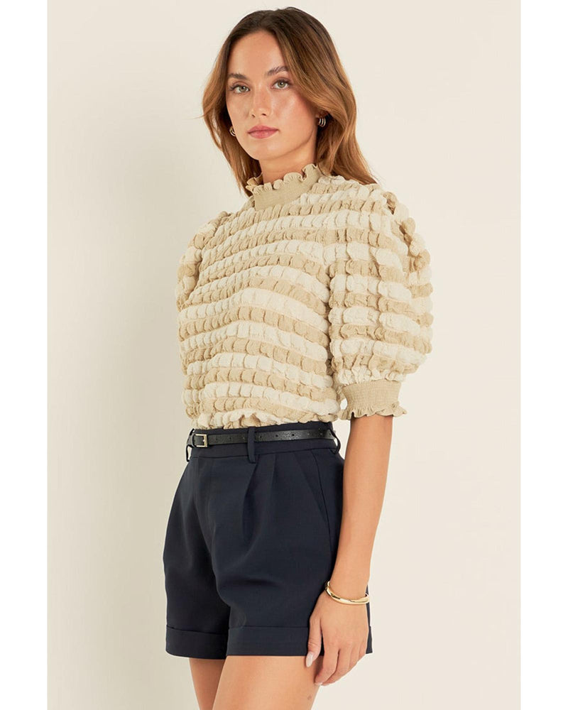 Beige Textured Mock Neck Short Sleeve Blouse - XL