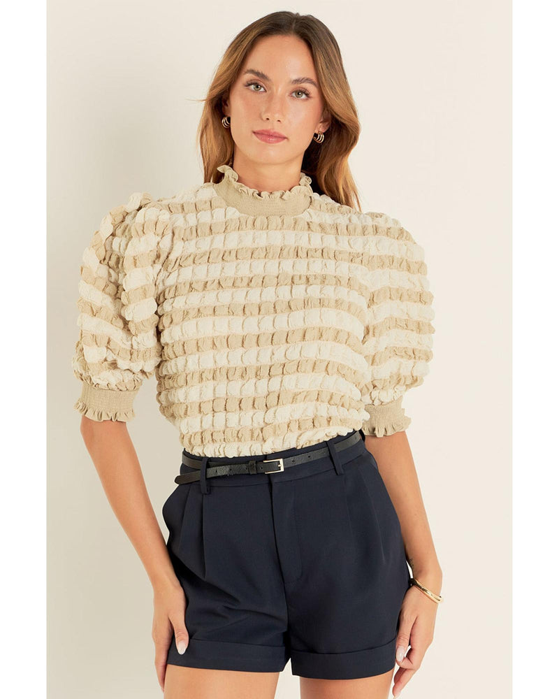 Beige Textured Mock Neck Short Sleeve Blouse - XL