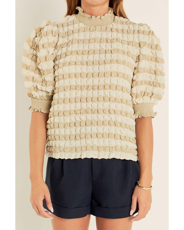 Beige Textured Mock Neck Short Sleeve Blouse - XL