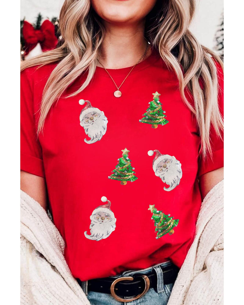 Red Santa Clause Christmas Tree Print Tee -