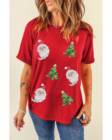 Red Santa Clause Christmas Tree Print Tee -