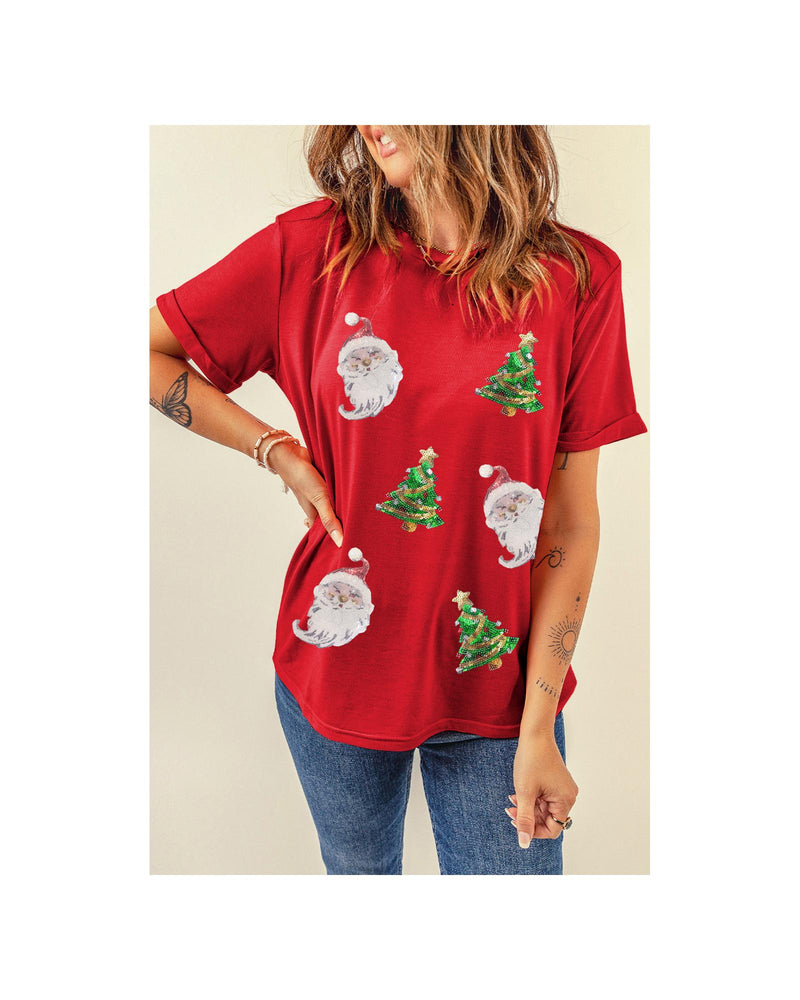 Red Santa Clause Christmas Tree Print Tee -