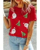 Red Santa Clause Christmas Tree Print Tee -