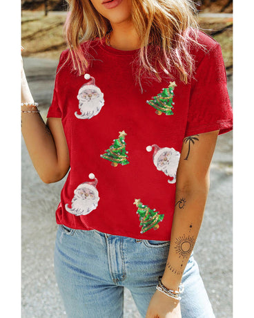 Red Santa Clause Christmas Tree Print Tee -