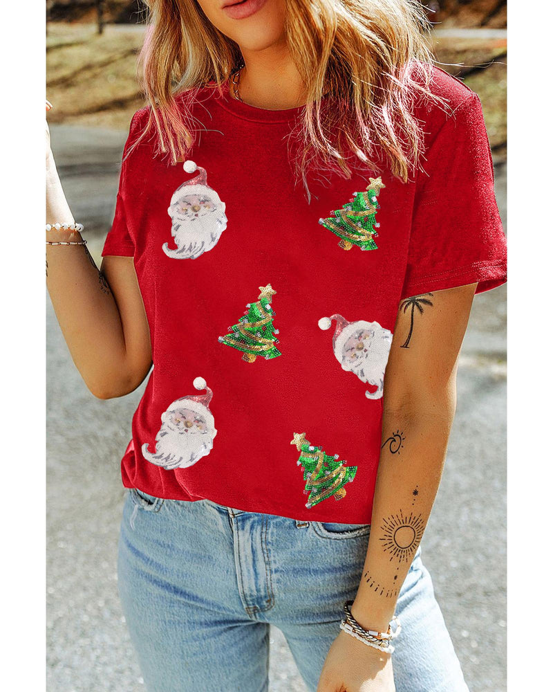 Red Santa Clause Christmas Tree Print Tee -